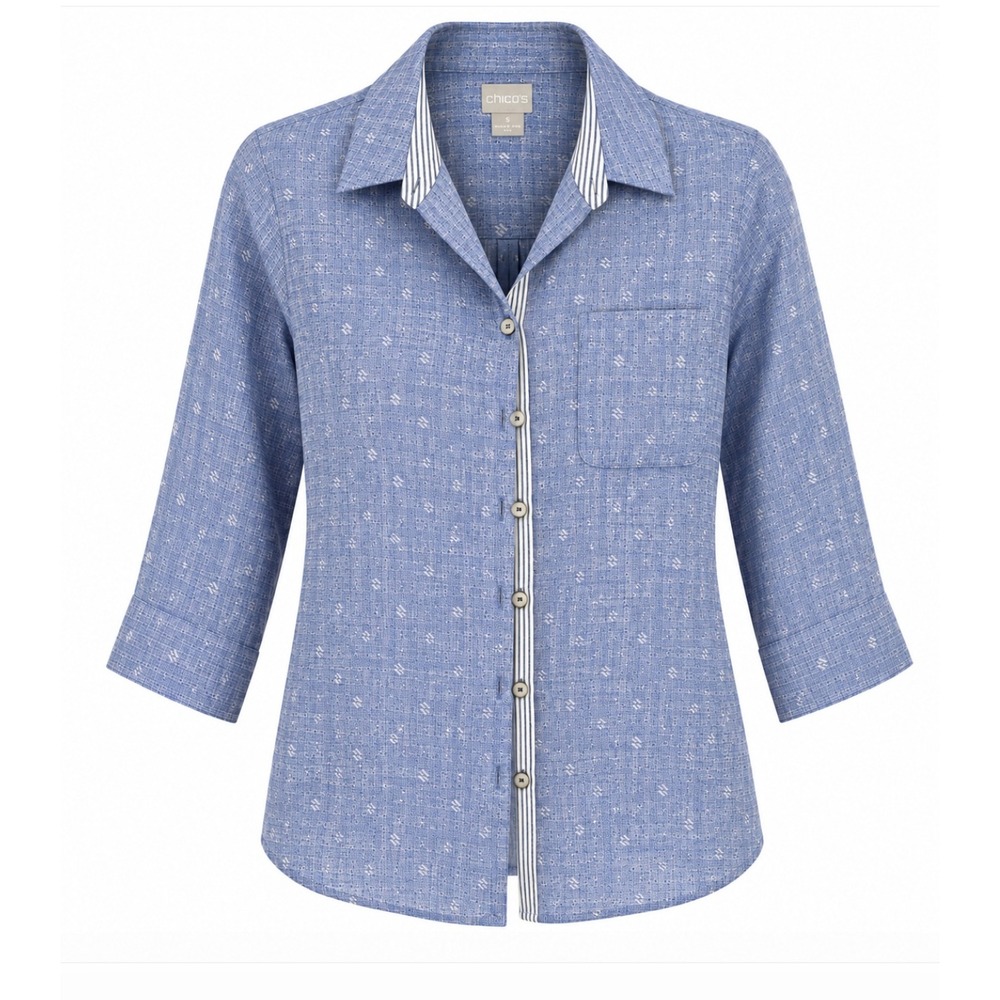 Chico's No-Iron Button Down Women SZ M/8 Blue Linen Geometric Pattern Shirt